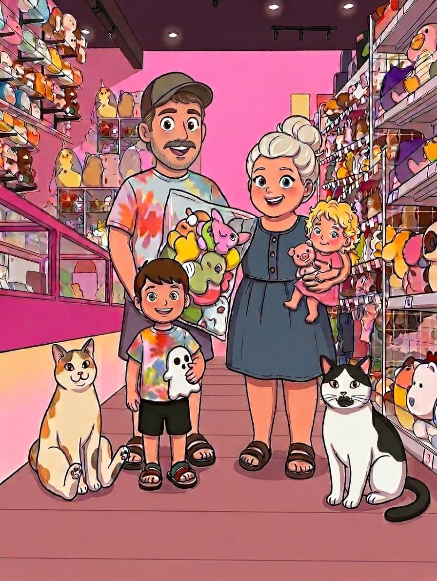 An illustrated portrait of my family and our two cats